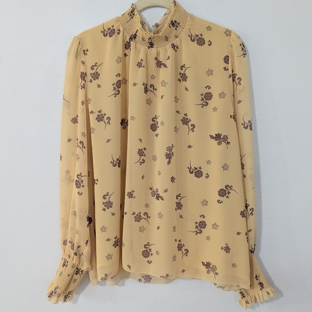 Aritzia Wilfred Valencia Blouse Smocked High Neck Floral Print Yellow XL